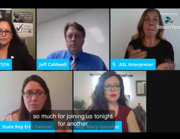 StreamYard screen with 5 people, videos on, in a political webinar