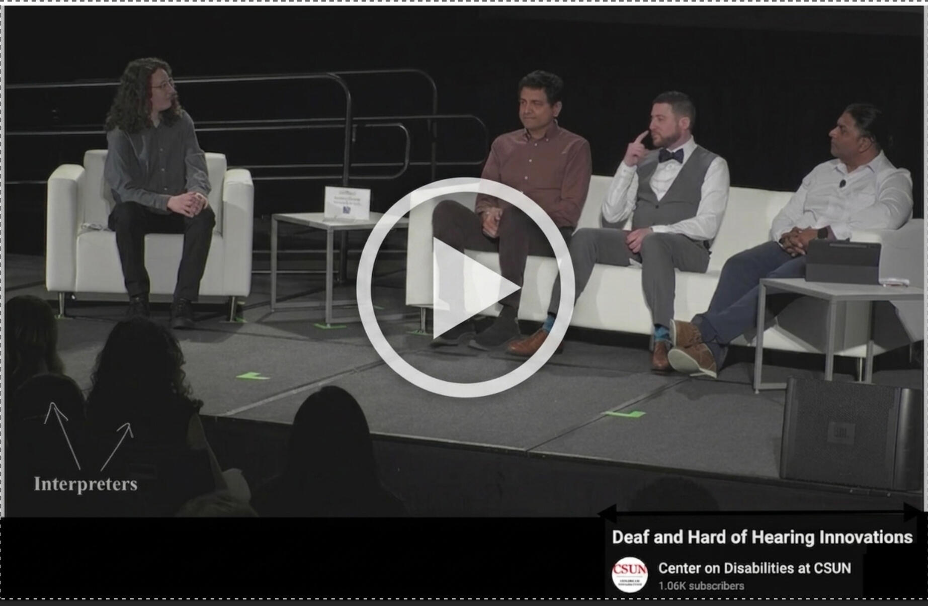 Video thumbnail of ASL to English interpretation work for an in person panel. Links to external video on YouTube starting at 20 minutes 1 second.